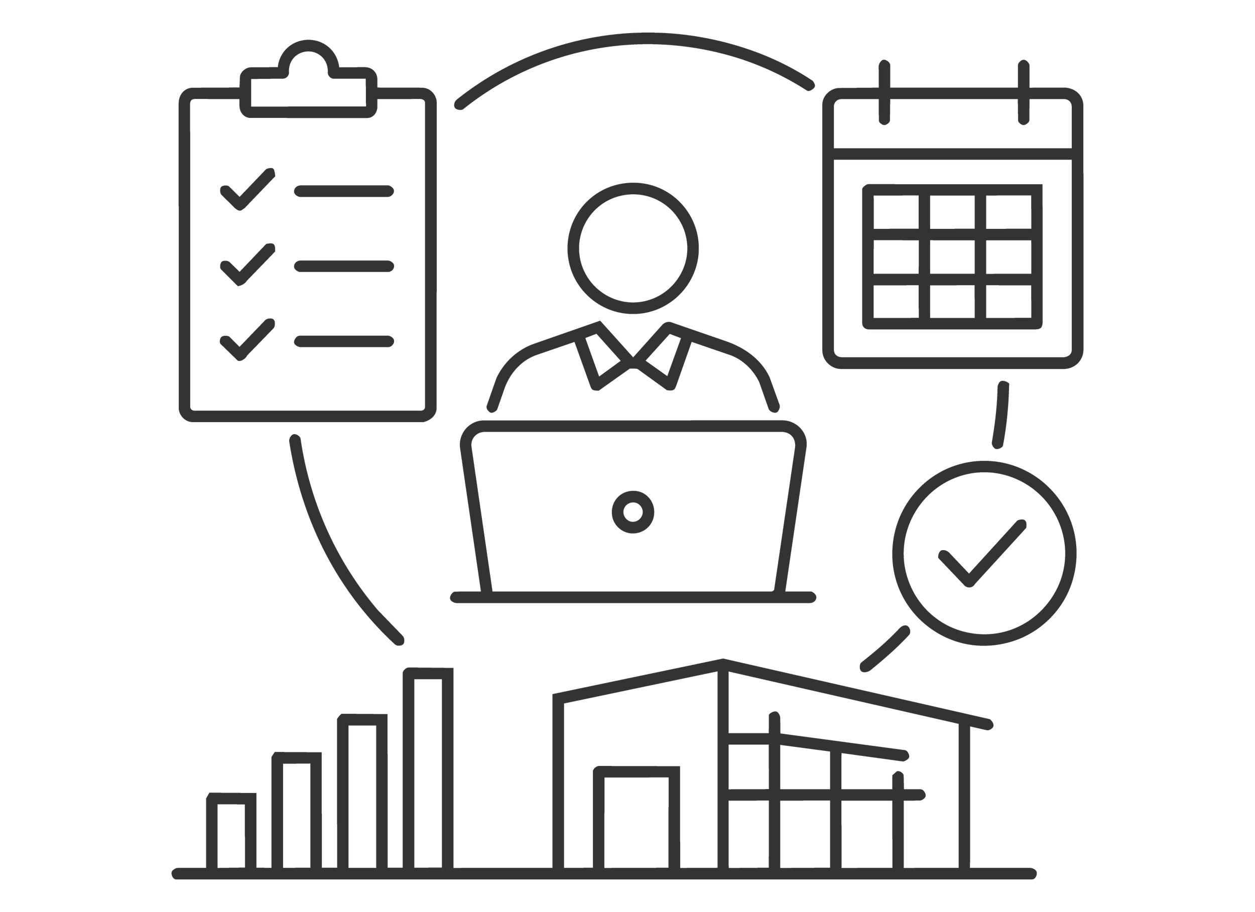 Line art illustration featuring a clipboard with checkmarks, a person, a calendar, charts, and various planning icons connected by circular arrows.