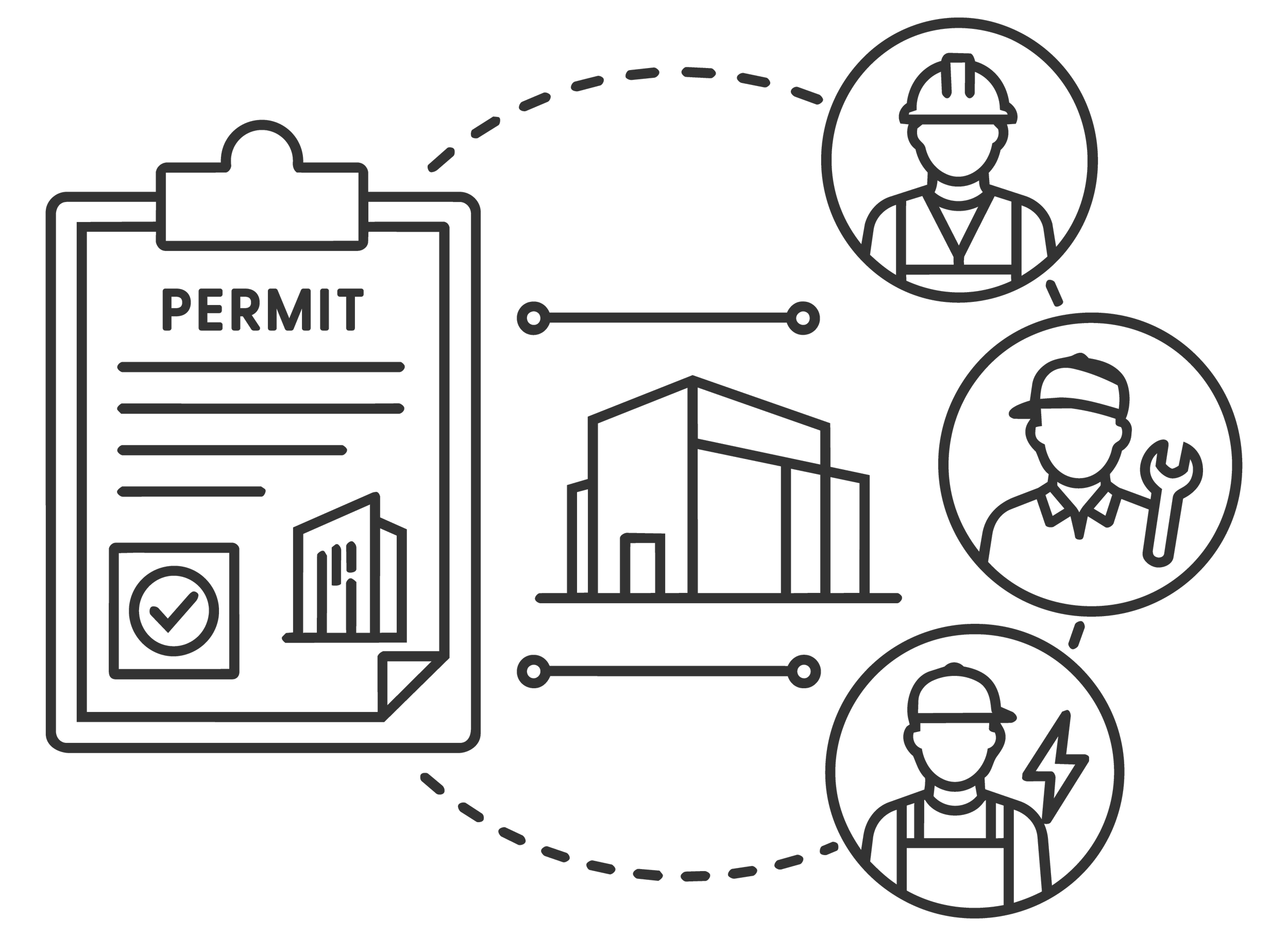 Illustration of a permit with a checklist, surrounded by icons of construction professionals with safety helmets, a building, and flow lines connecting the elements.