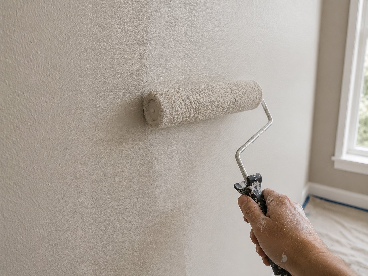 Hand holding a paint roller applying white paint to a wall.