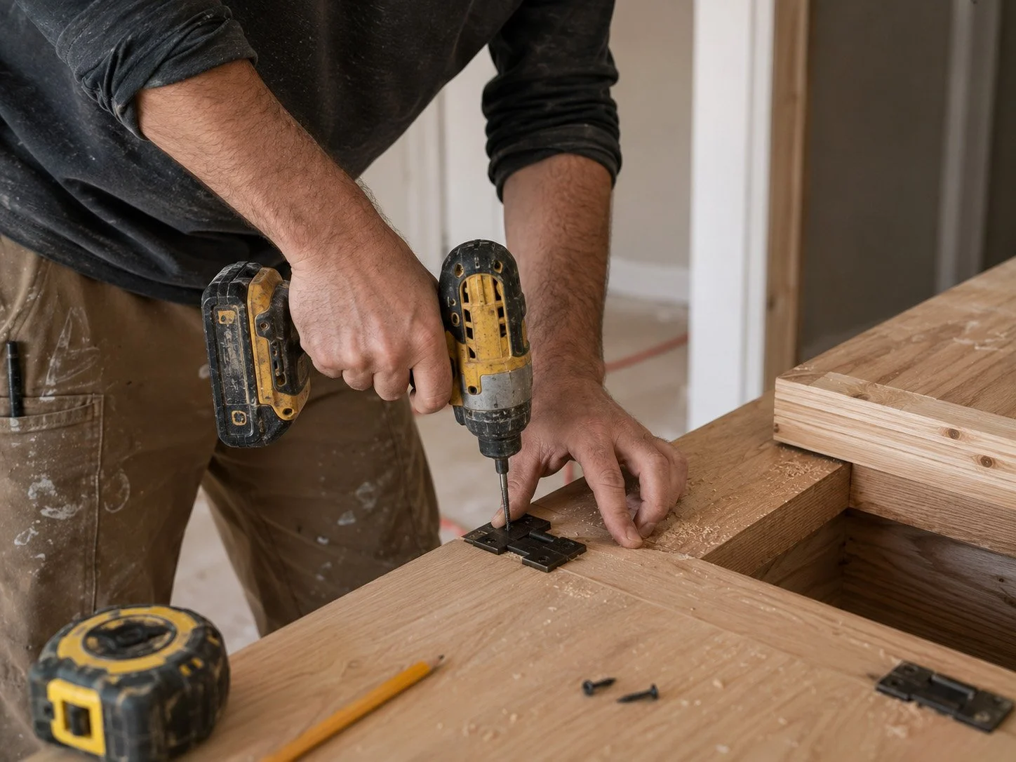 A person using a cordless drill to work on a wooden project inside a house under construction.