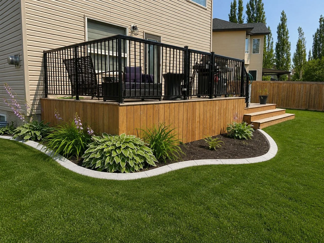 A backyard deck with outdoor furniture and barbecue grill, bordered by a flower bed with green plants and purple flowers, set against a house with beige siding and a wooden fence, with a lawn and trees in the background.
