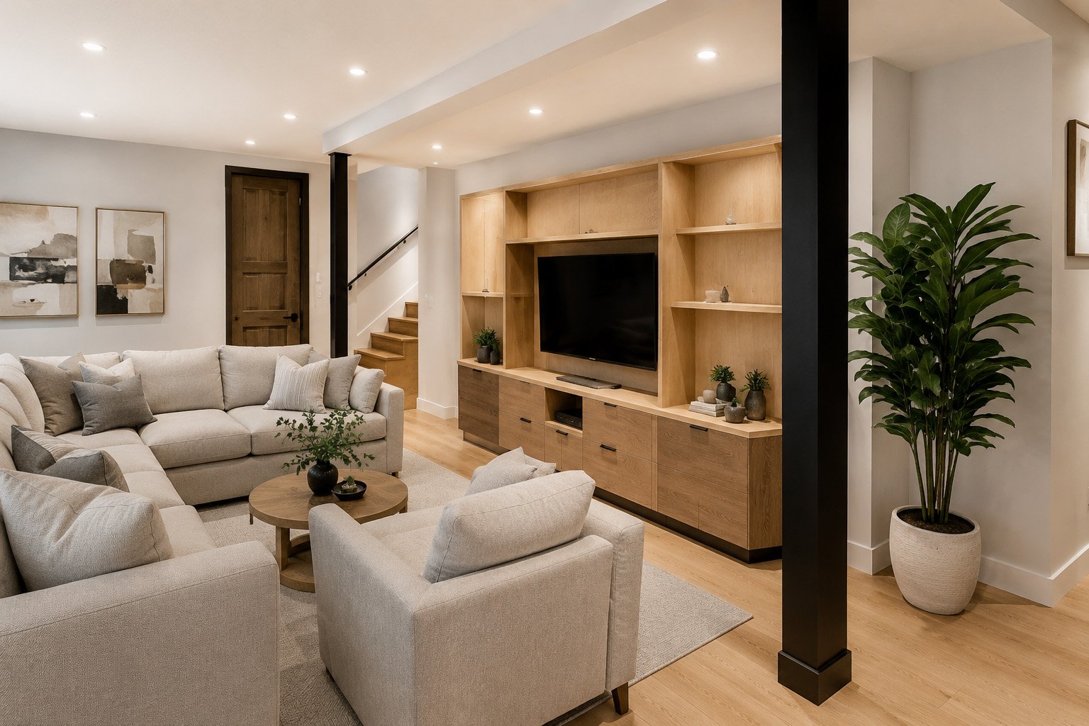 Living room with beige sectional sofa, armchair, wooden coffee table, built-in wooden entertainment center with TV, potted plants, artwork on the walls, wooden stairs in the background, hardwood floors, white walls, ceiling recessed lights, large potted plant near the wall.