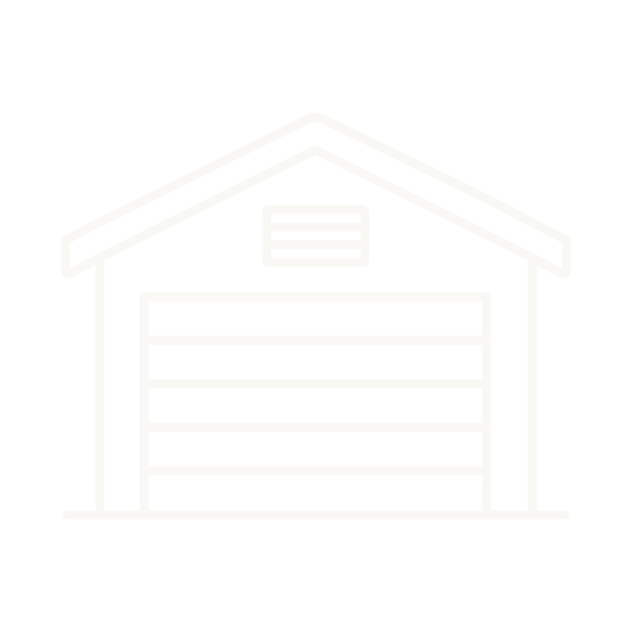 Line drawing of a garage with a closed door and a small window above it, set against a black background.