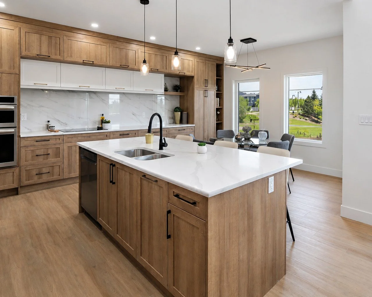 Modern kitchen with wooden cabinets, white marble backsplash, and a white island with black faucet. There is a dining area with chairs near large windows showing a green outdoor landscape.