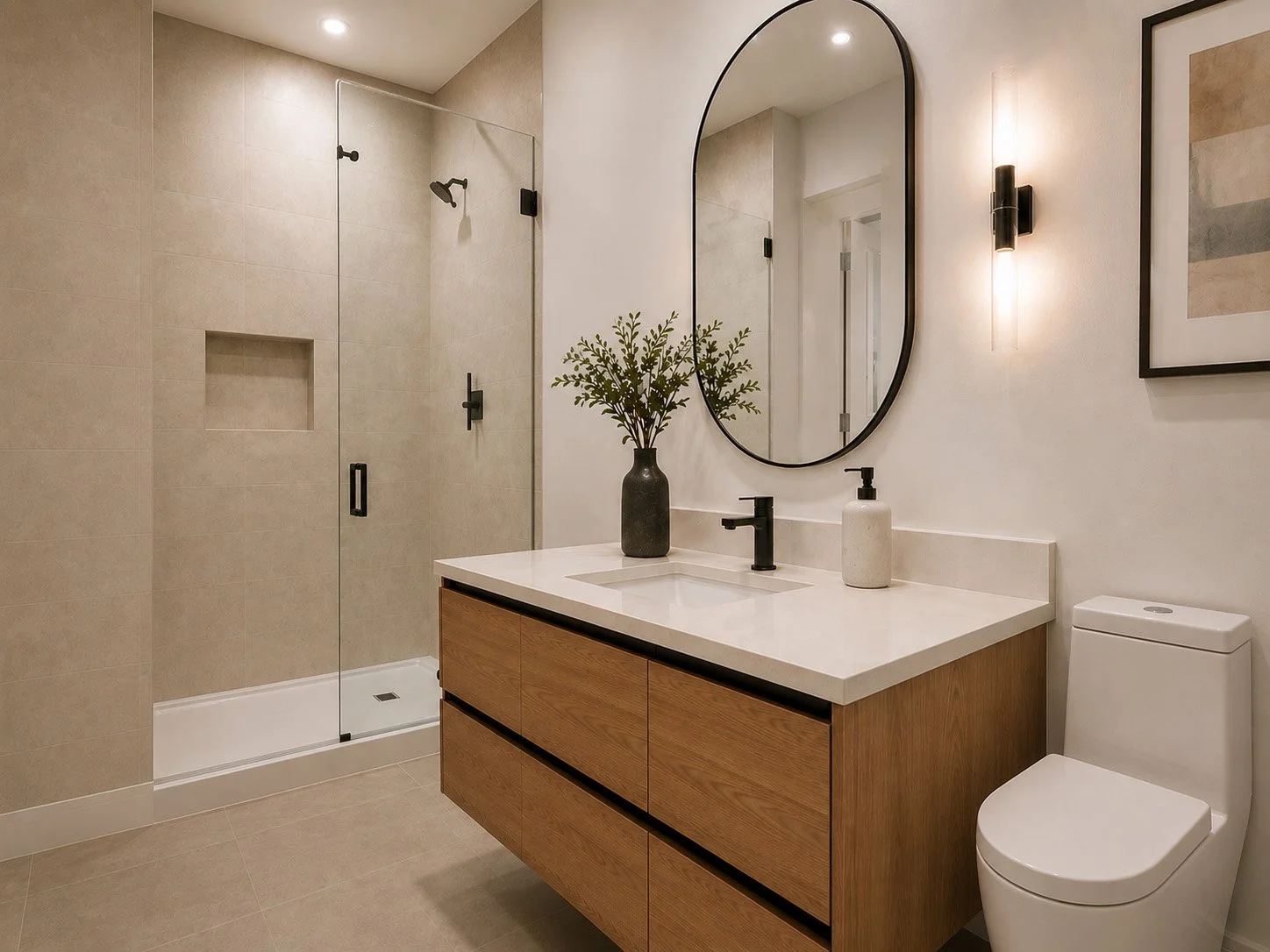 Modern bathroom with a walk-in shower, wooden vanity with a white countertop, a large oval mirror, a potted plant, soap dispenser, and a toilet. Neutral beige tones and minimal decor.