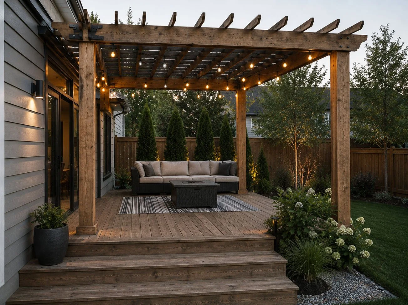 Backyard patio area with a wooden deck, outdoor sofa with cushions, small table, string lights, and surrounding trees and plants.
