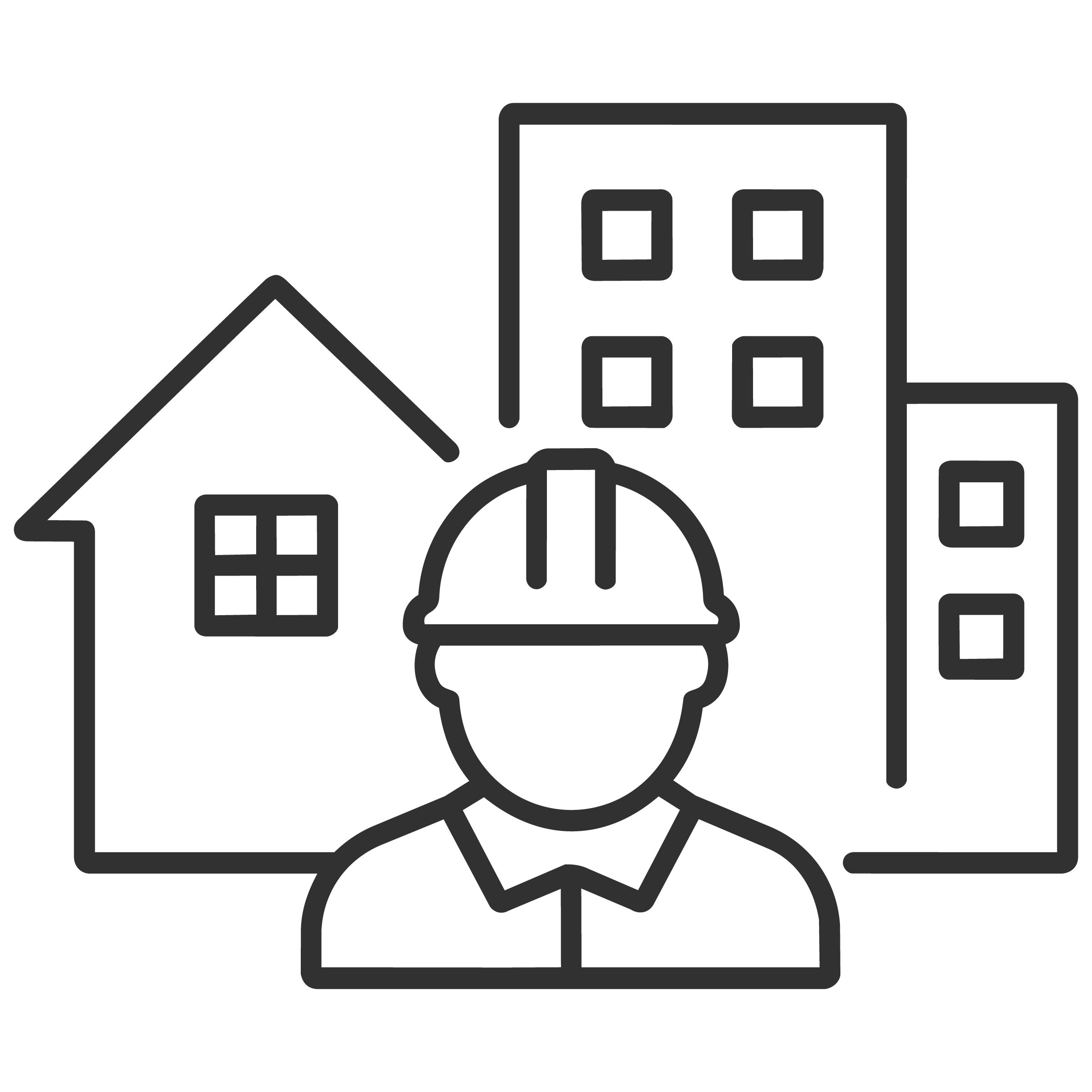 Outline of a person holding a shopping bag, surrounded by buildings and a clock, with a small house icon to the side.