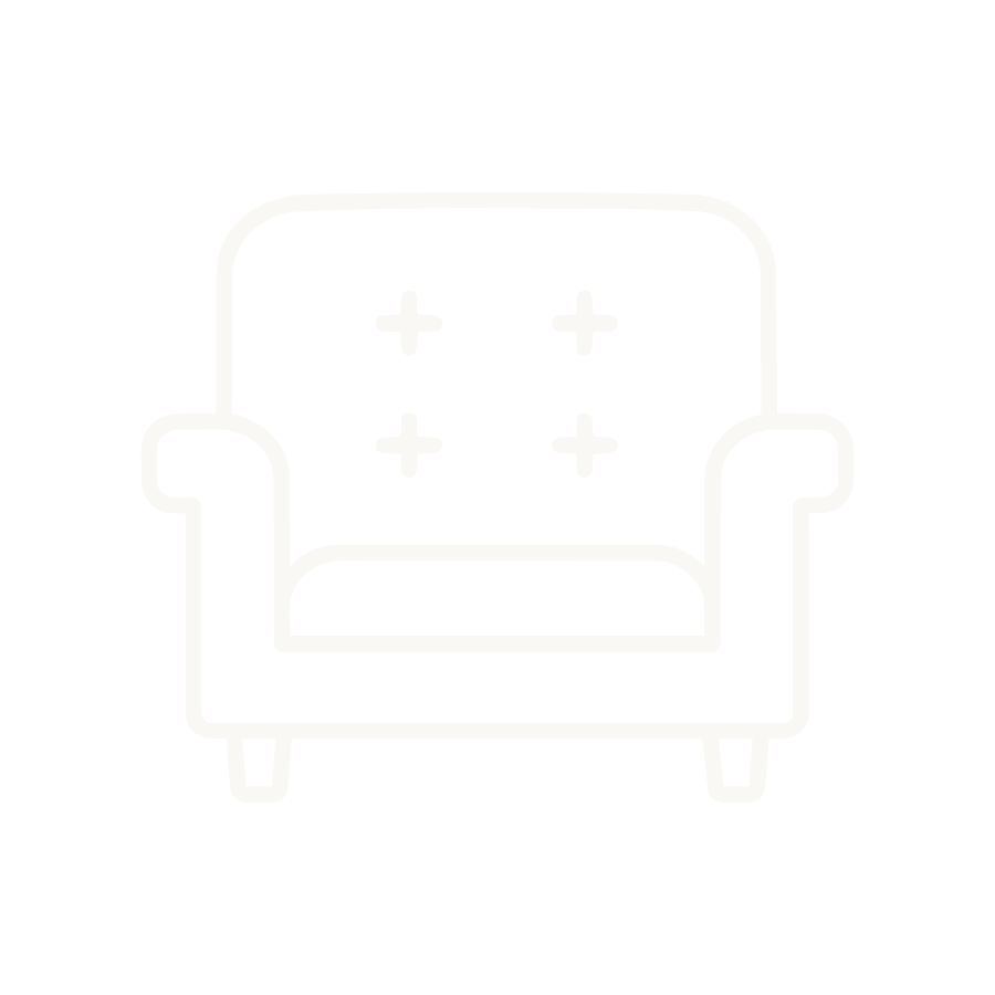 Line drawing of a cozy armchair with button-tufted backrest on a black background.