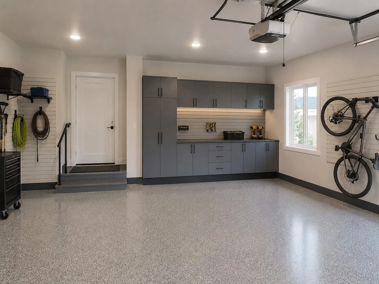 Clean and organized garage with gray storage cabinets, a workbench, a mounted bicycle, gardening tools, and a window letting in natural light.