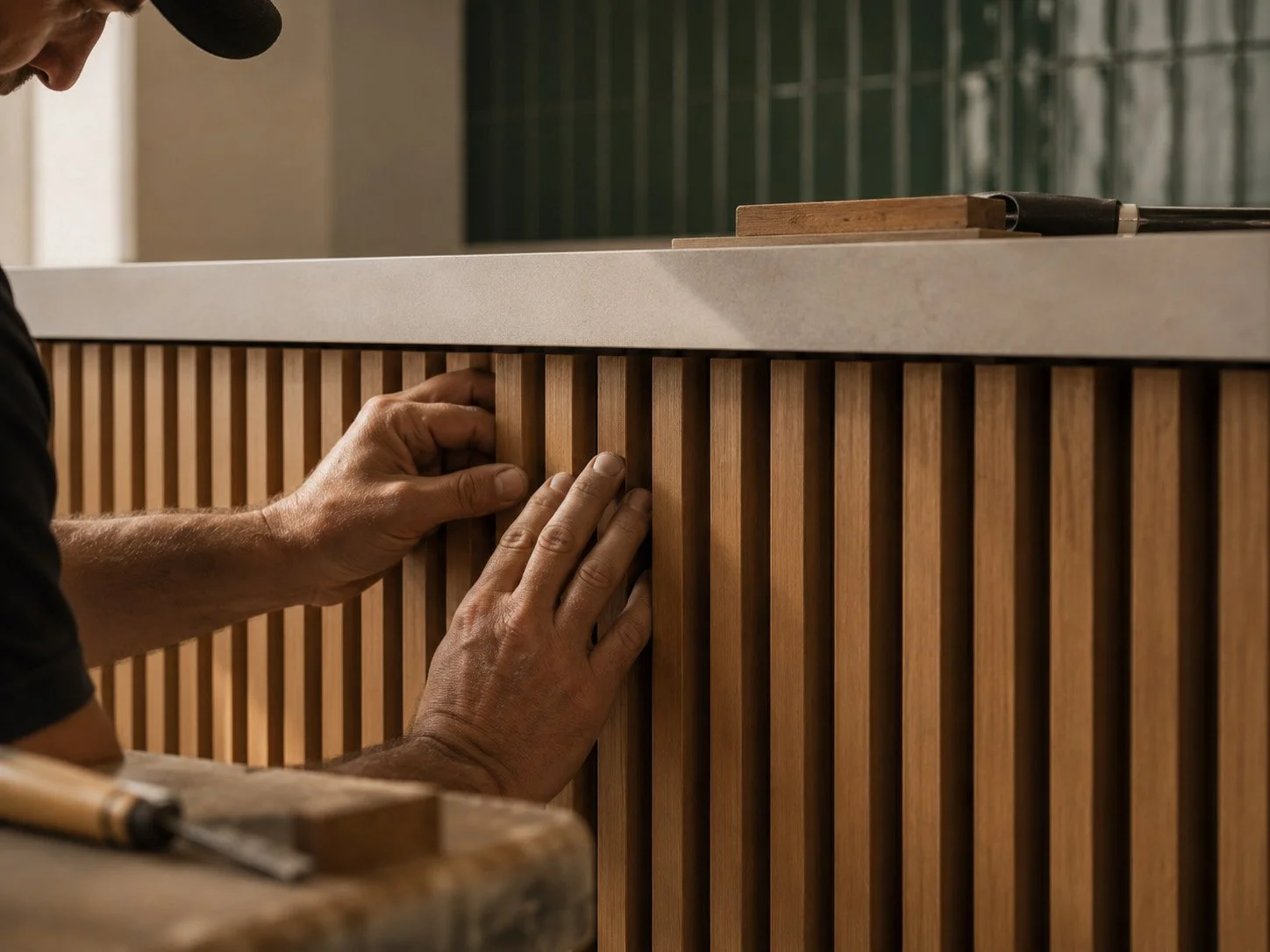 Close-up of a person installing vertical wooden slats on a wooden panel at a construction or carpentry project.