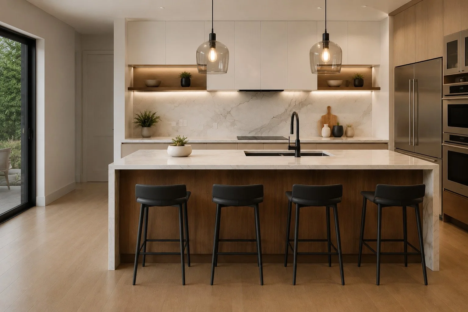 Modern kitchen with white marble countertops, black faucet, wooden cabinets, black bar stools, pendant lights, and greenery decorative items.