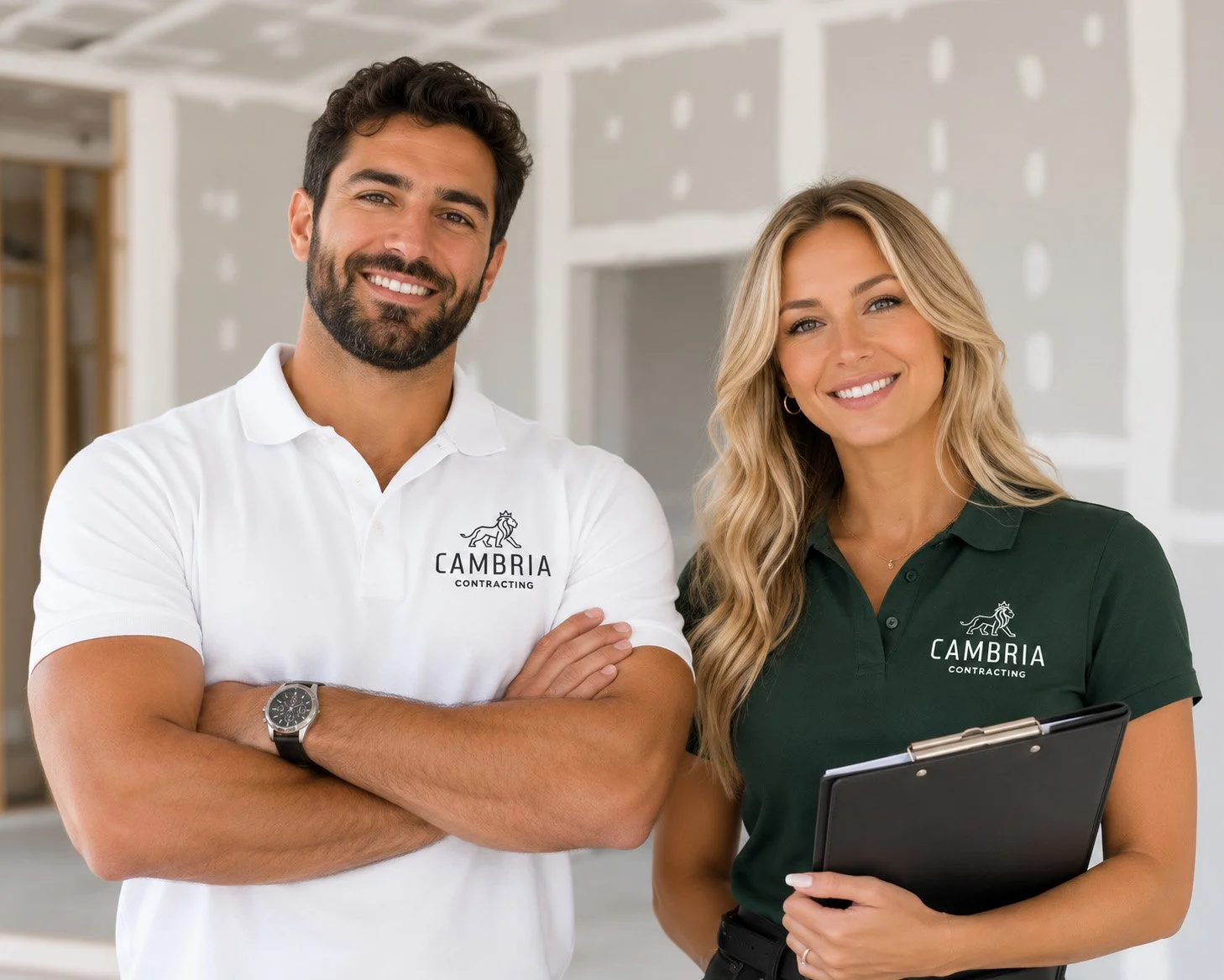 Two smiling construction workers, a man with dark hair and a beard wearing a white polo shirt and a woman with long blonde hair wearing a green polo shirt, stand inside a partially finished building, both showing the logo of Cambira Contracting.