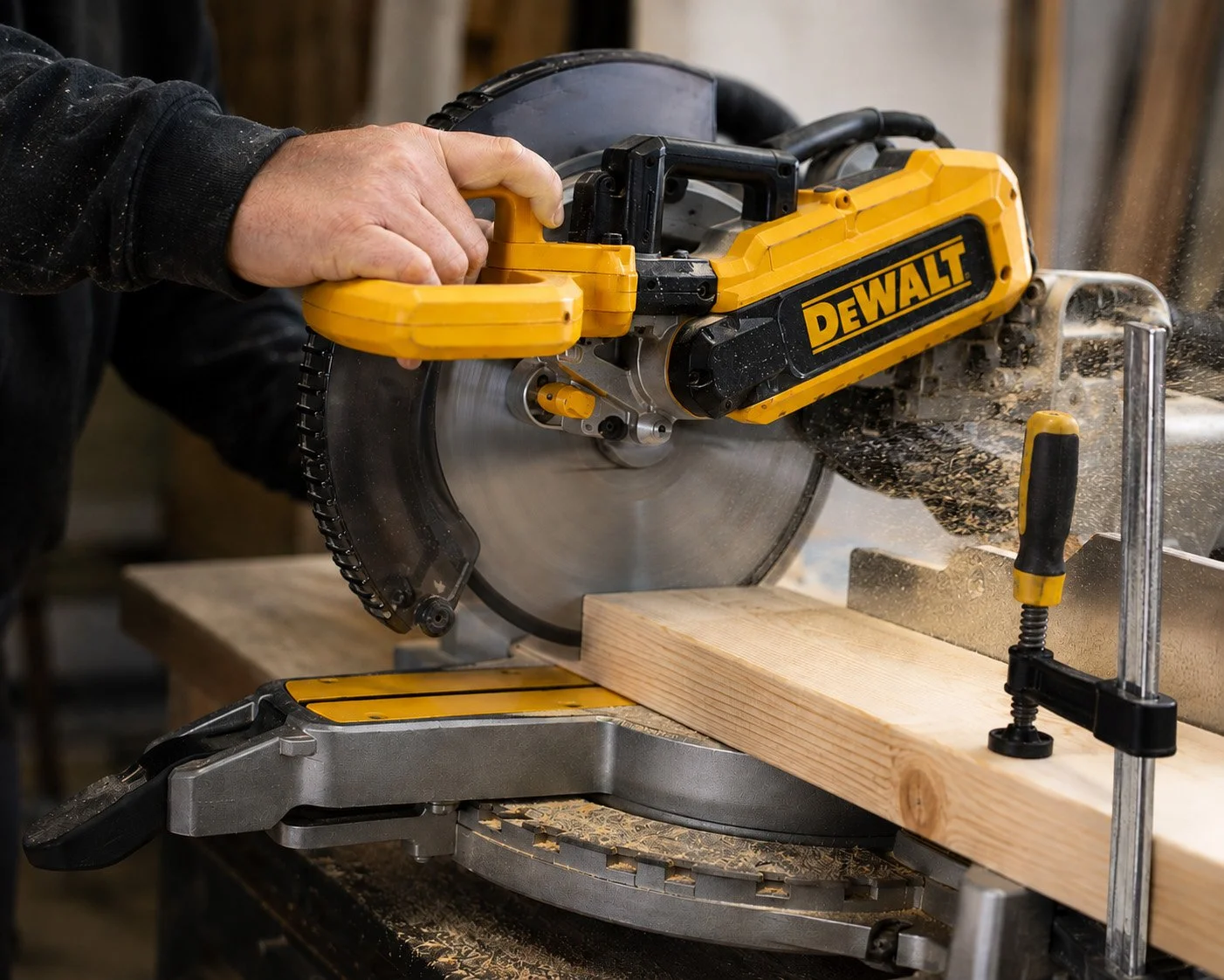 A person using a yellow DEWALT circular saw to cut a piece of wood in a workshop.
