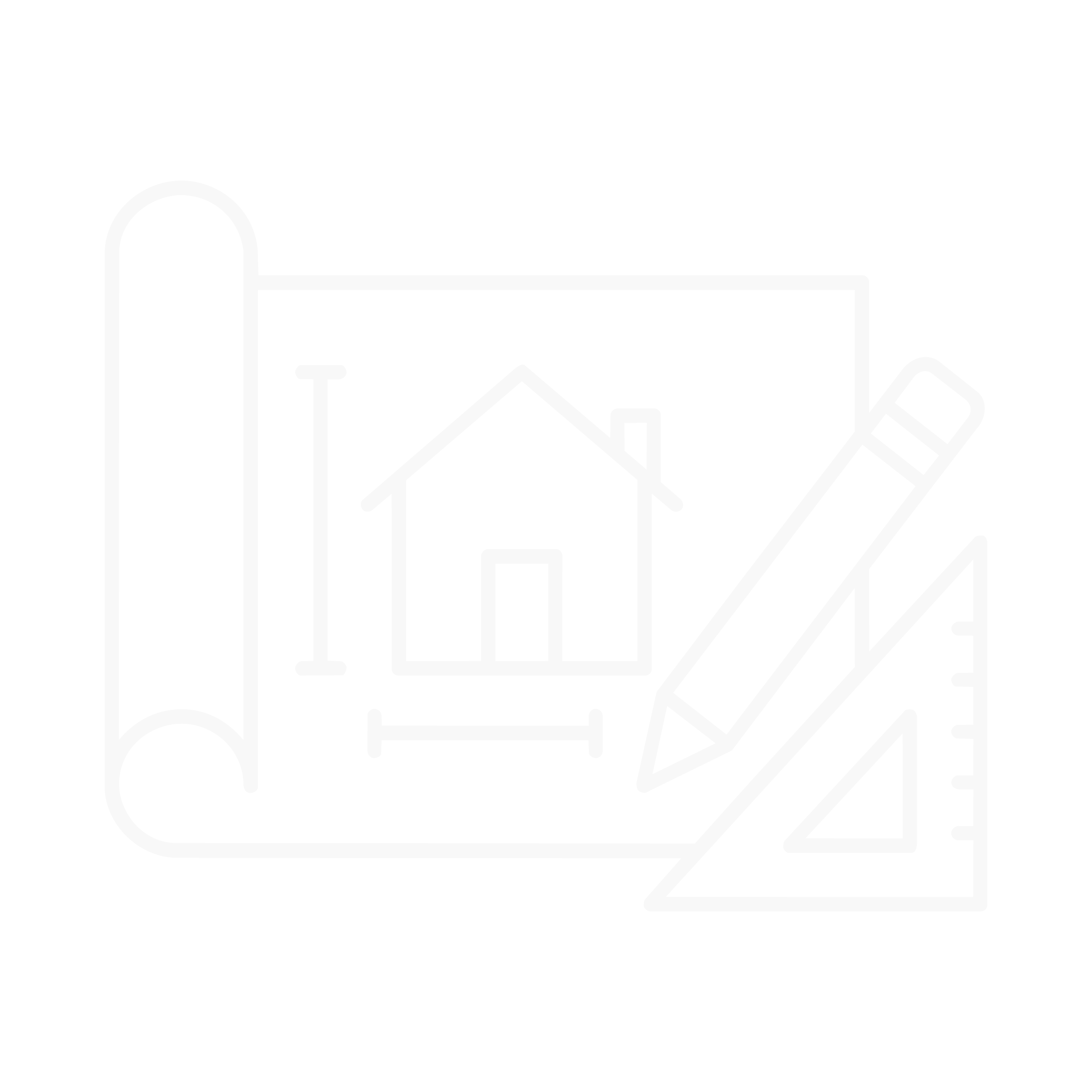 Line drawing of a house with a pitched roof, a chimney, and a door, next to a taller building with a rounded top and a door, with a pathway or street in front.