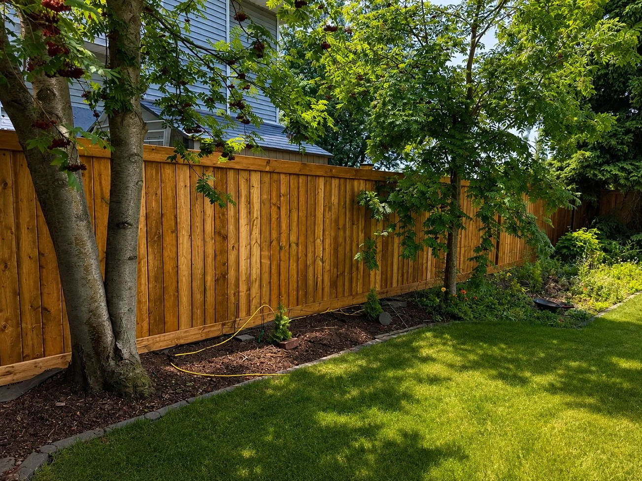 A backyard with a wooden privacy fence, green grass, and trees providing shade. There is a garden bed with soil and plants along the fence.