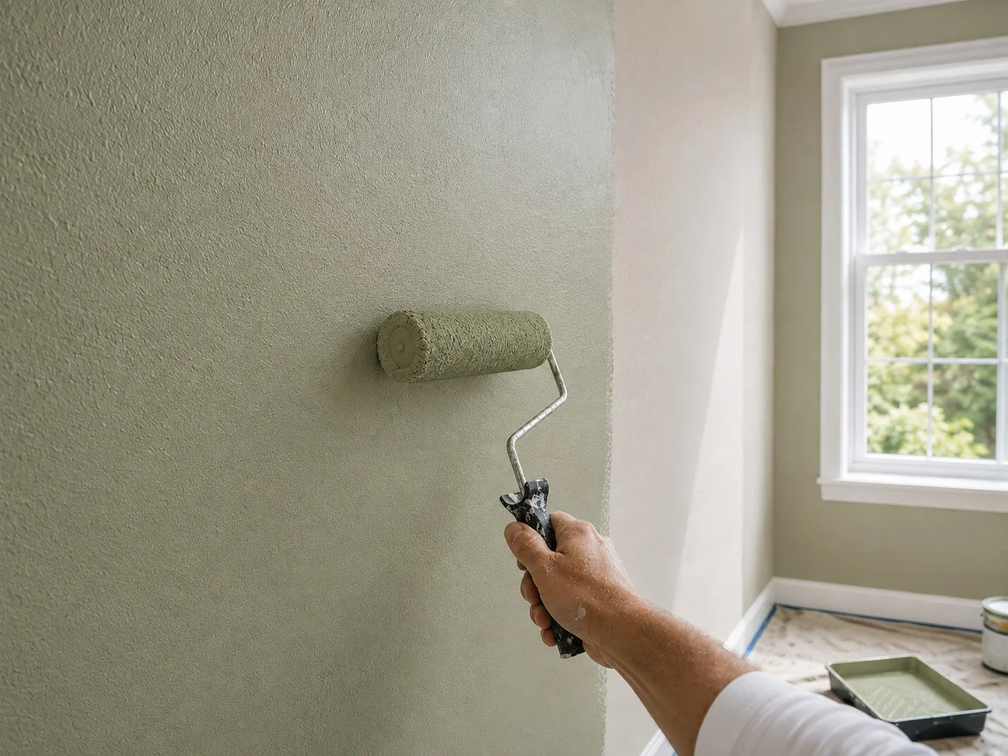 A person painting a wall with a paint roller in a room.