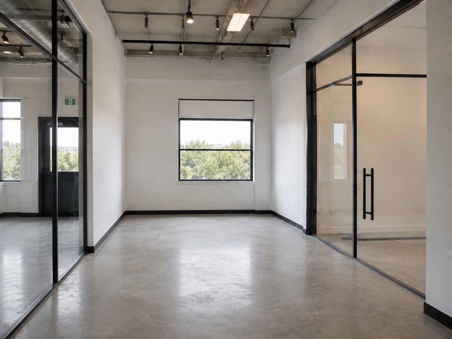 Empty office space with white walls, concrete floor, large windows, and glass interior doors with black frames.
