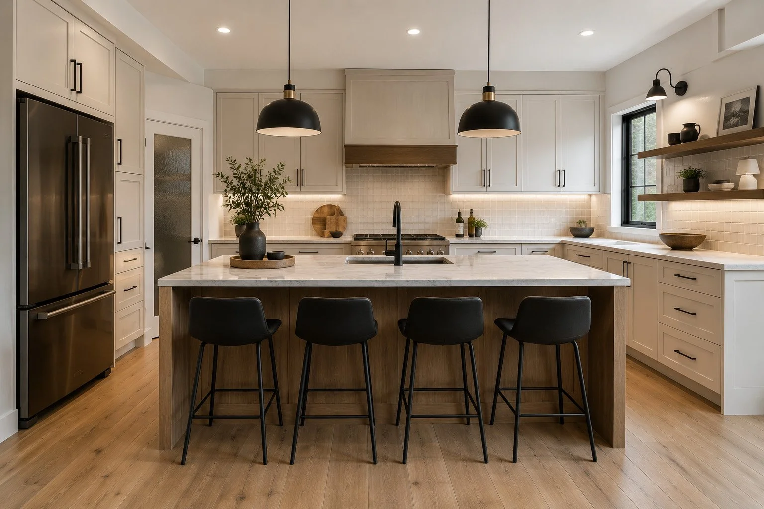 Modern kitchen with white cabinets, black hardware, and a large island with black bar stools. Stainless steel refrigerator, black pendant lights, open shelving, and a window with black trim.