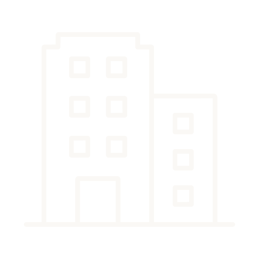 Outline drawing of two connected buildings, one taller with six windows and an entrance, and a shorter building with three windows on a black background.