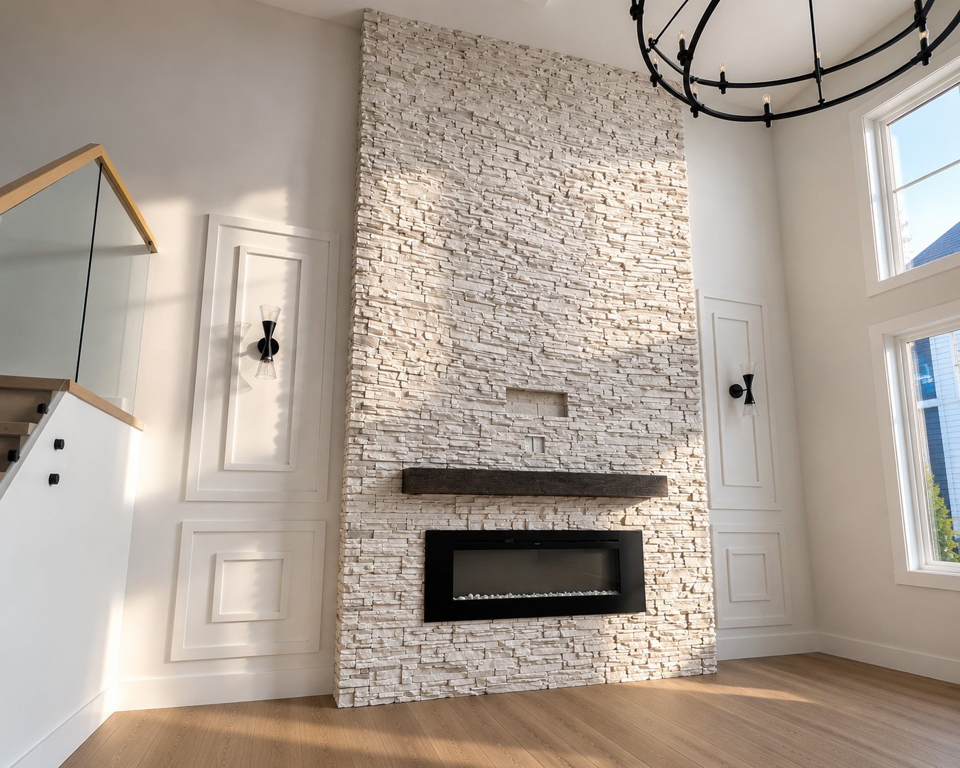 Living room with a modern white stone fireplace, black and glass wall sconces, wooden mantel, and two large windows letting in natural light.
