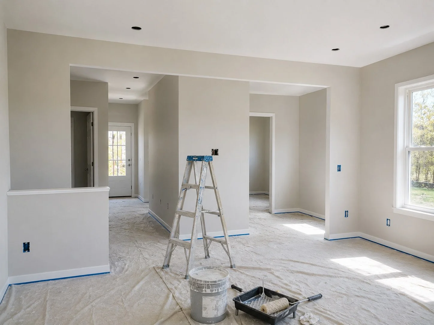 Empty room under construction with painter's equipment, white walls, large windows, and a door leading outside.