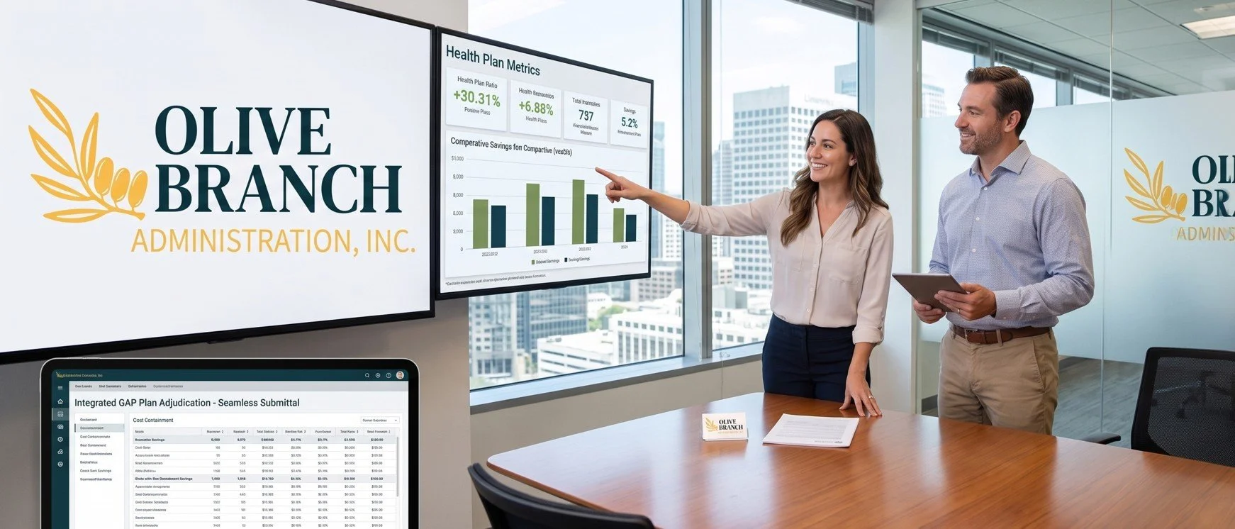 Two professionals, a woman and a man, are in a modern office conference room. The woman is pointing at a screen displaying a health plan metrics chart while the man holds a tablet. There are large windows, city buildings outside, and the company's logo, Olive Branch Administration, Inc., displayed on two screens and a nameplate on the table.