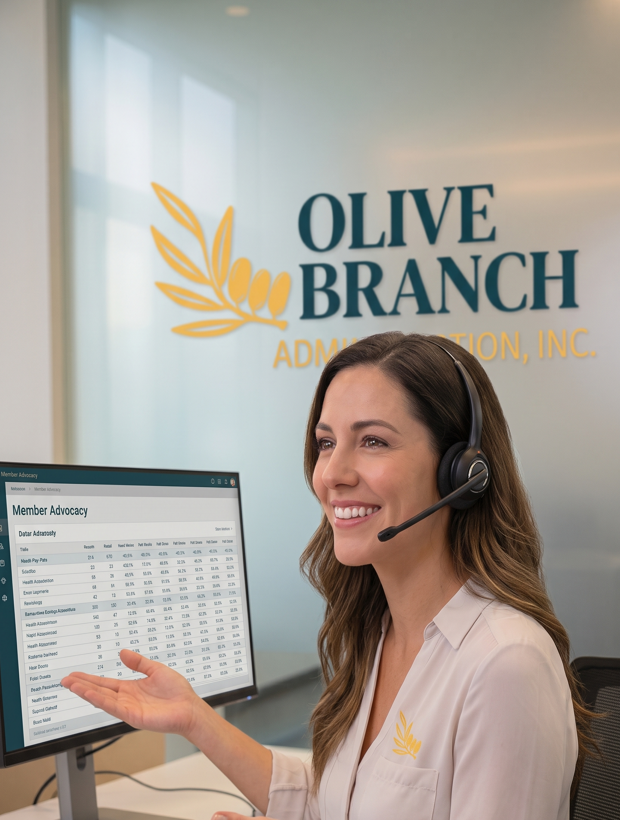 A smiling woman with long brown hair wearing a headset and white blouse, sitting at a desk with a computer displaying data sheets. Behind her is a wall with a sign that reads "OLIVE BRANCH ADMISSION, INC." and has a logo of an olive branch.