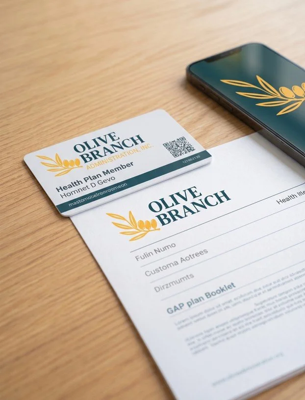 OLIVE BRANCH health plan membership card and brochure on a wooden table next to a smartphone.