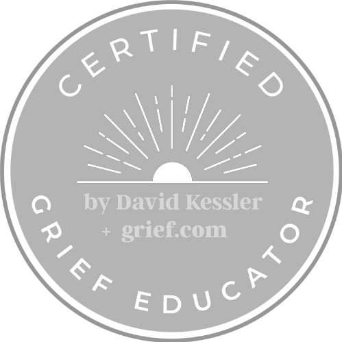 A circular badge with a sunrise graphic in the center, surrounded by the text 'CERTIFIED GRIEF EDUCATOR' and 'by David Kessler + grief.com'.