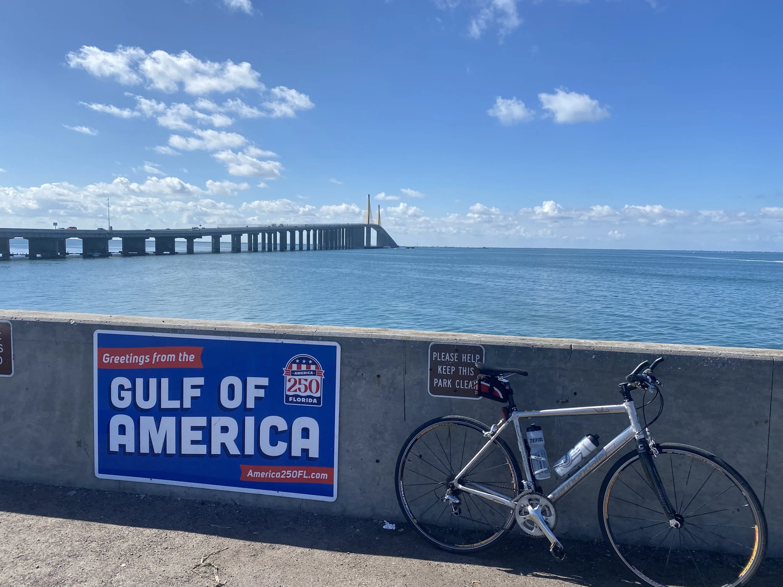 a view over the famous skyway bridge taken from the popular fishing pier. A perfect 20 mile cycle ride on dedicated paths ,  under a blue sky with scattered clouds.