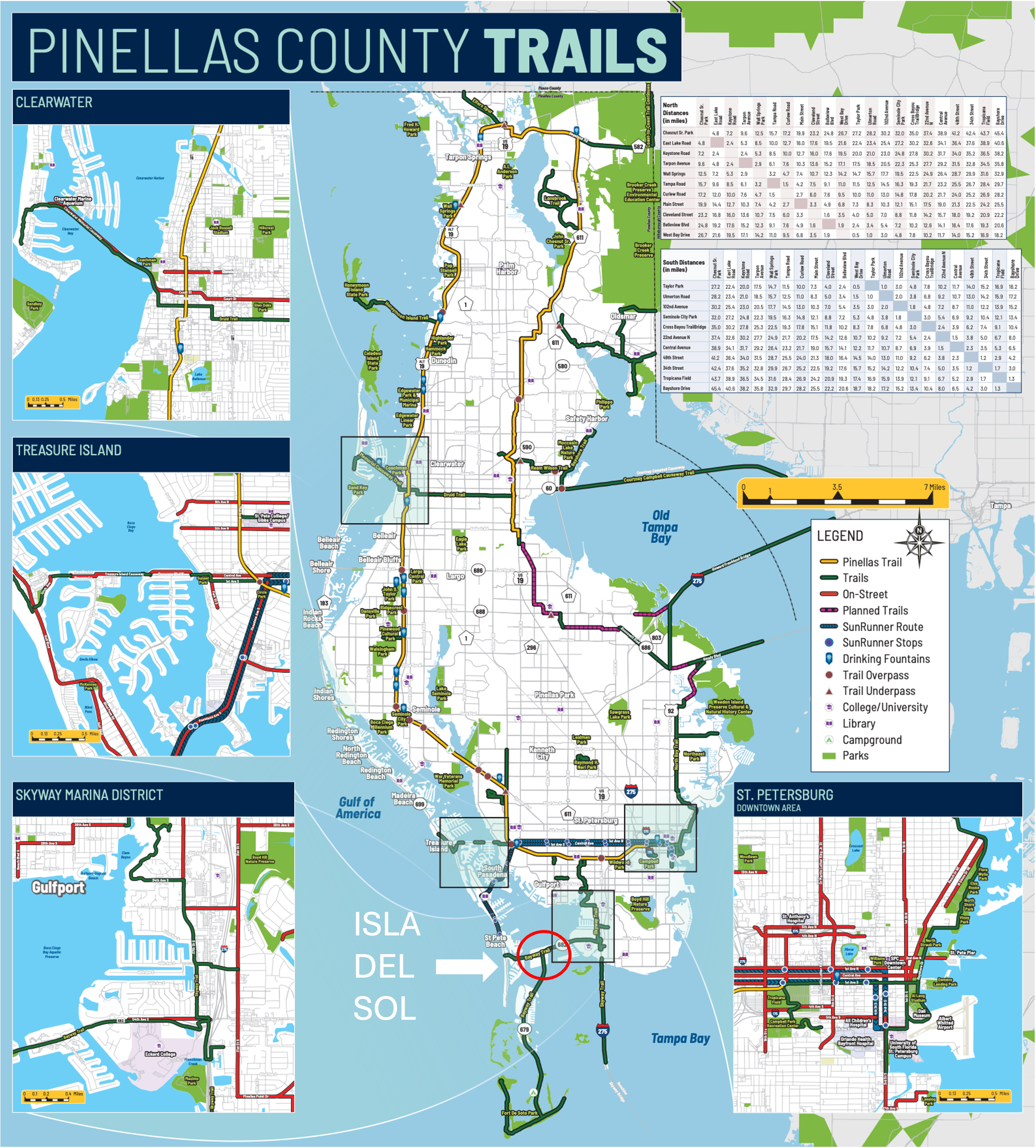 Map of the famous Pinellas Trail including the 70+ miles of paths and trails