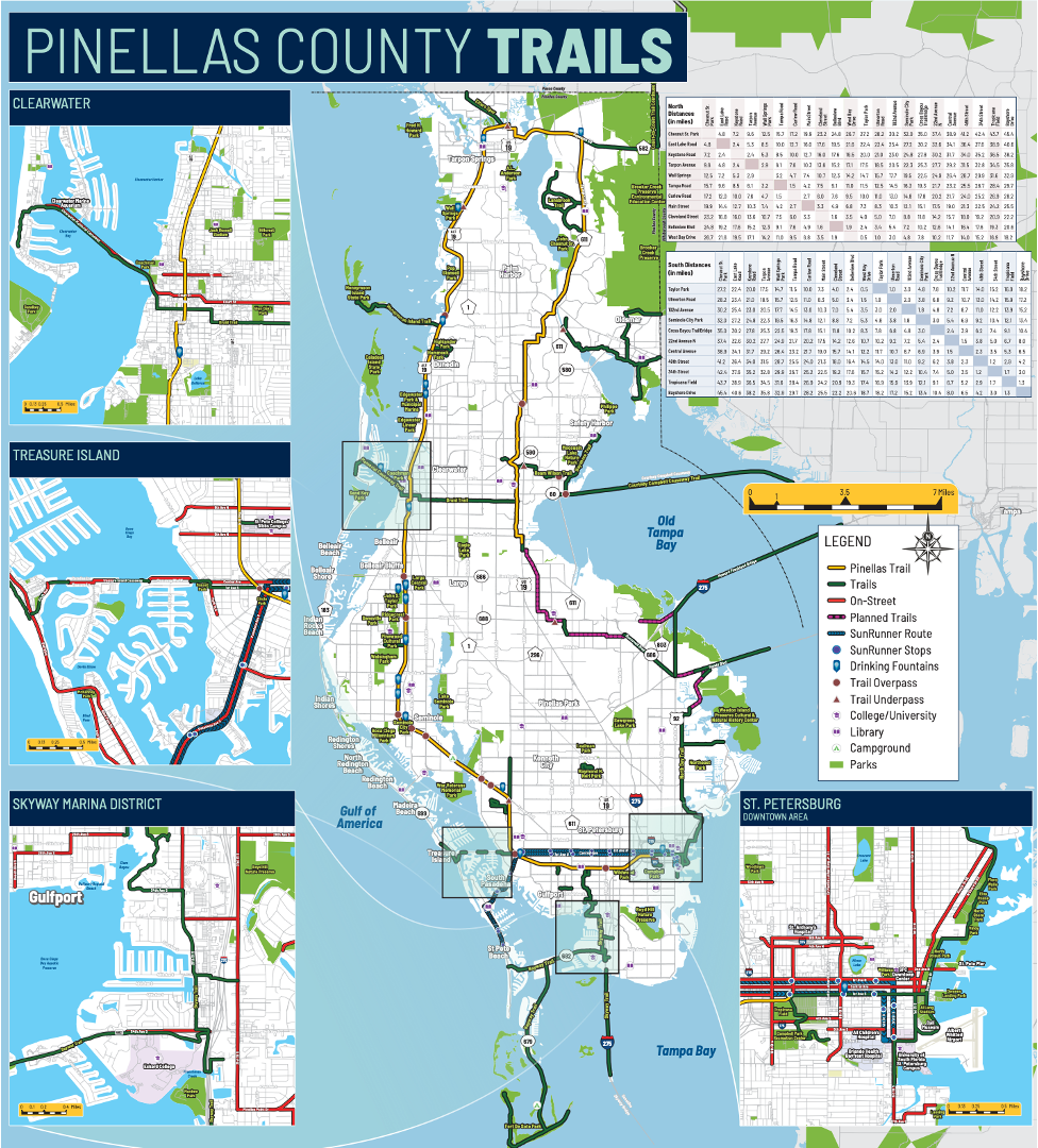 Map of Pinellas County, Florida, showing different trail routes including Pinellas Trail, with details of trail distances, stops, and landmarks, along with regional parks and points of interest.