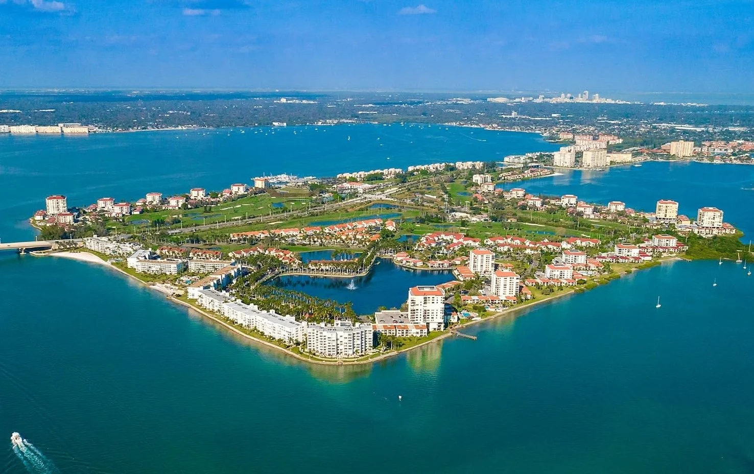 Aerial view of Isla Del Sol, the Boca Ciega Bay and St Petersburg florida in the distance