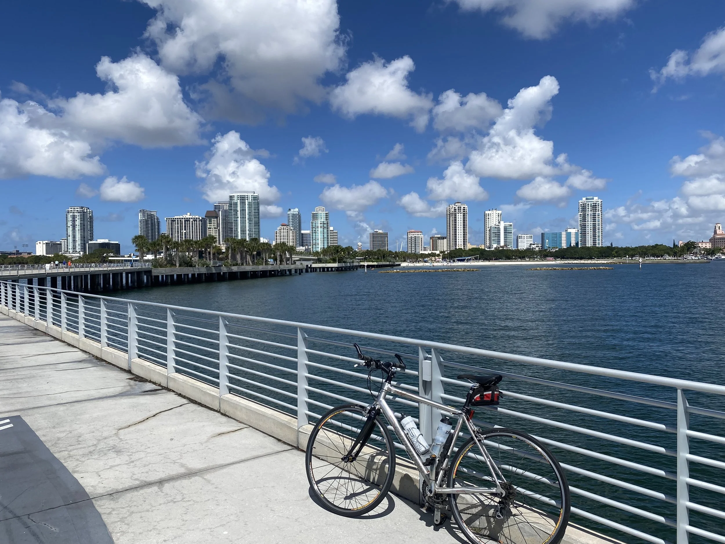 View of Cannondale bike on St Pete Pier with downtown St Pete in the background
