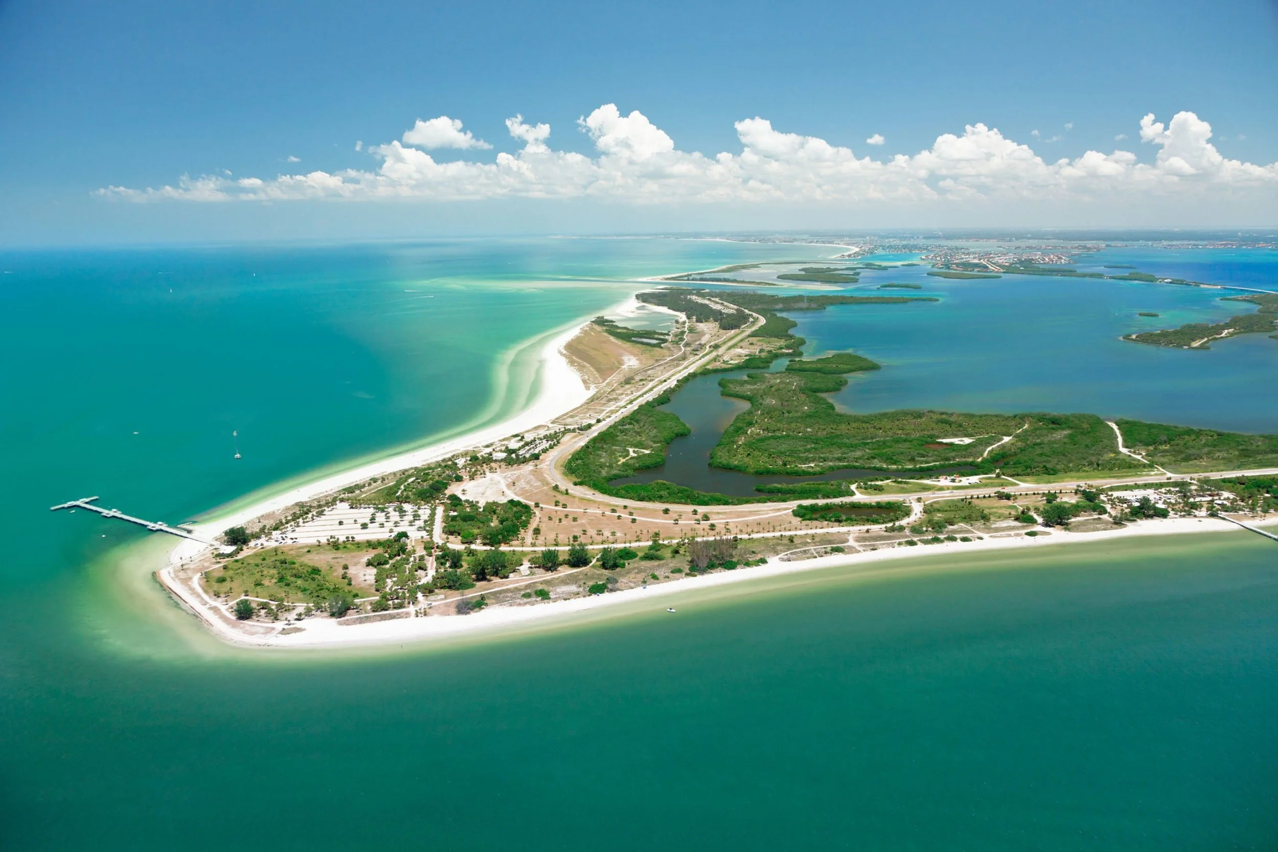 Aerial view of Fort De Soto Park showing miles of white sand beaches