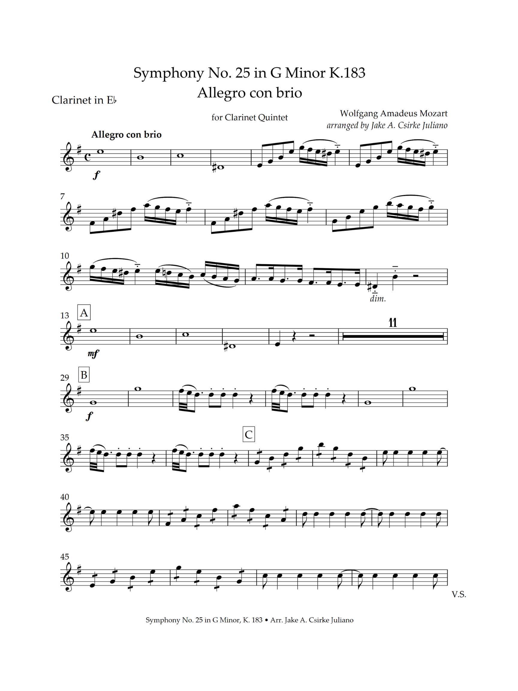 Symphony No. 25 in G Minor K.183 | Allegro con brio | Clarinet Quintet | Sheet Music (Digital Download)