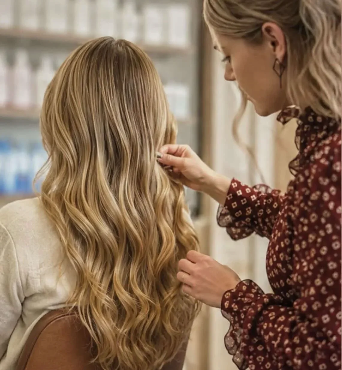 En kvinde, der laver hårstyling på en anden kvinde i Essence Studio frisørsalon.