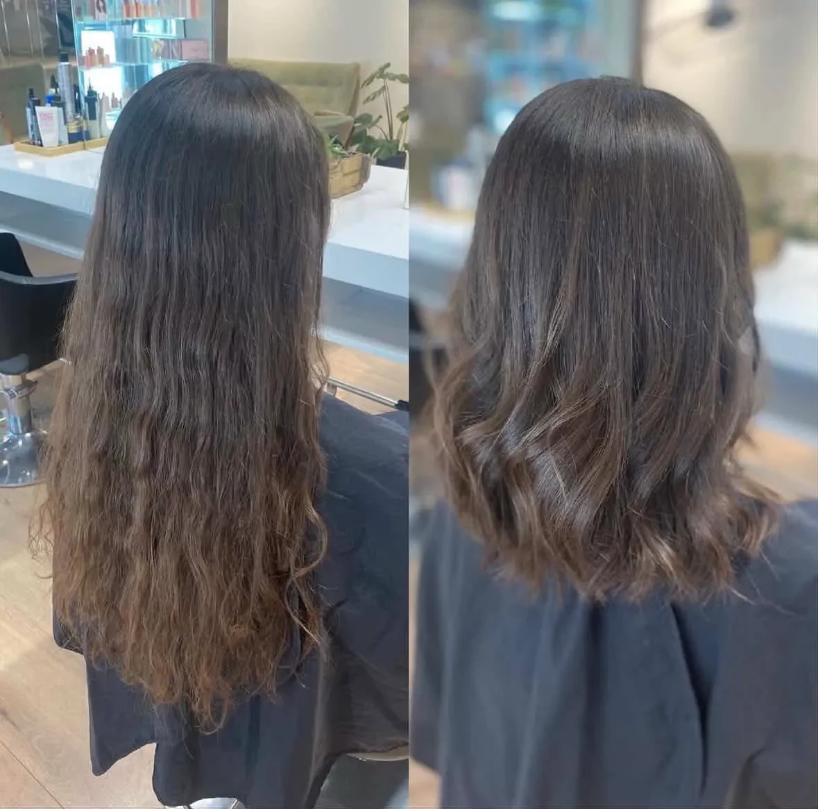 Før og efter hårklip med glat og bølget hår, taget i frisørsalon.