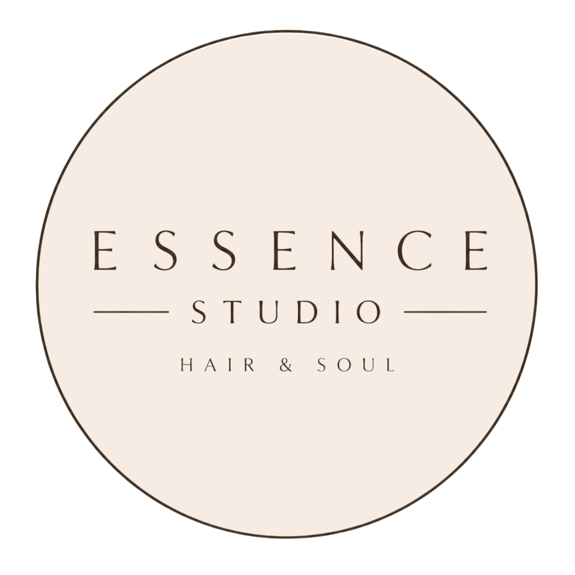 En frisørsalon logo, der siger Essence Studio, med underteksten 'Hair & Soul' i en rund, beige baggrund.