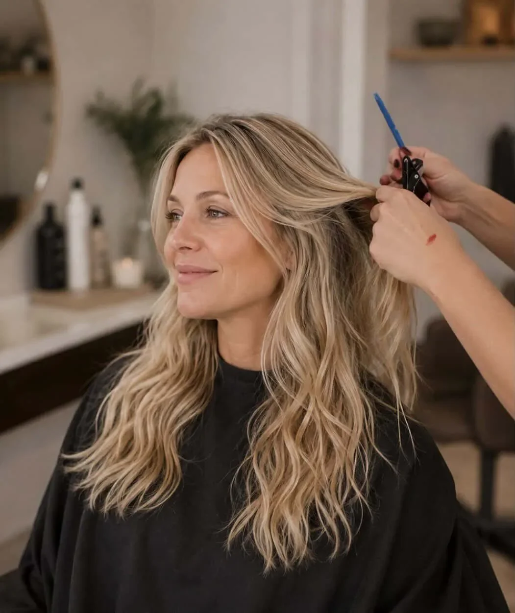 En kvinde får klippet og stylet sit blonde, våde, krøllede hår i en frisørsalon.