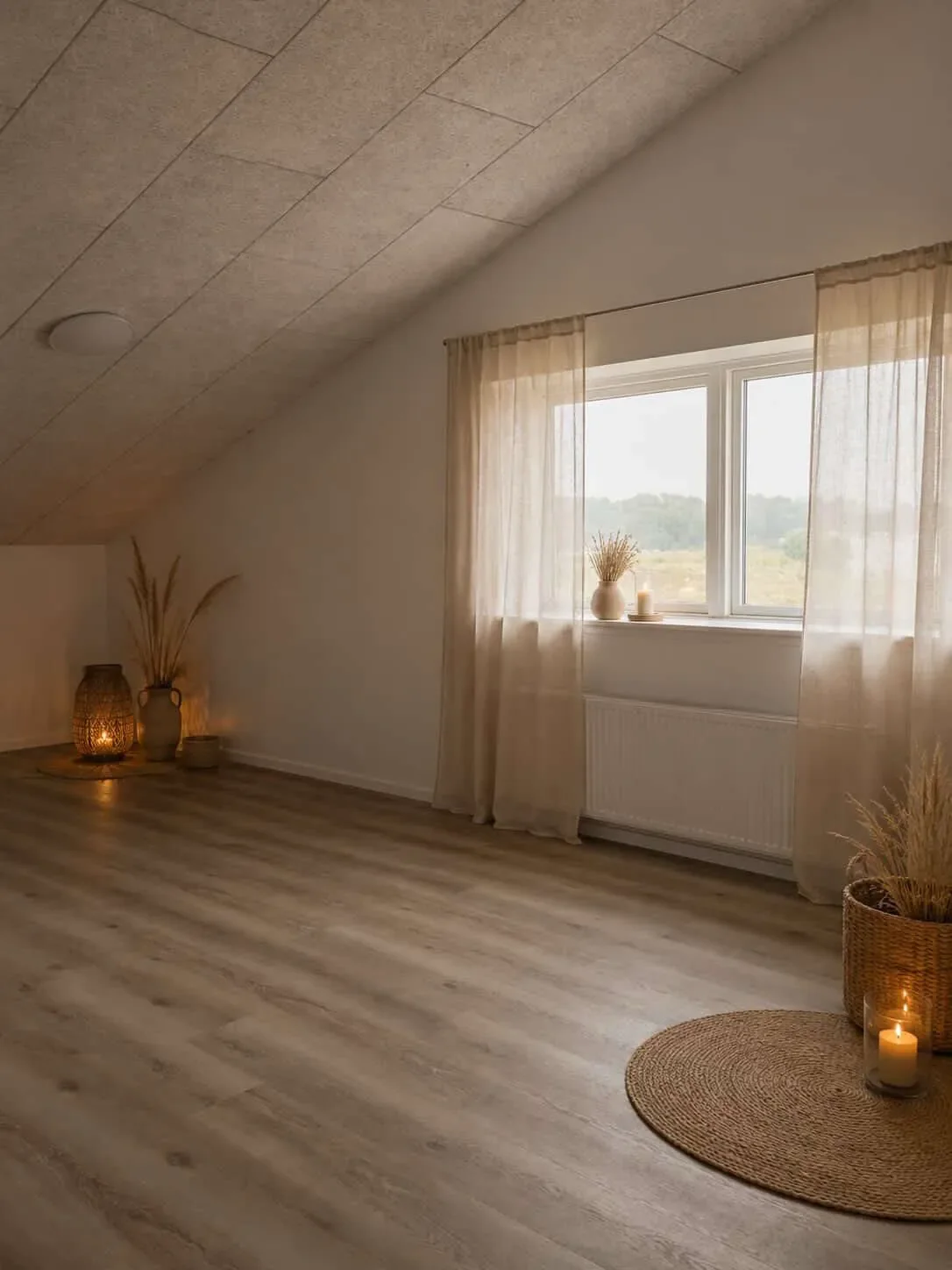 Et hyggeligt rum til leje til workshop og events, dæmpet lys, beige gardiner, en dobbelt vindue og mange dekorative elementer i naturlige materialer.