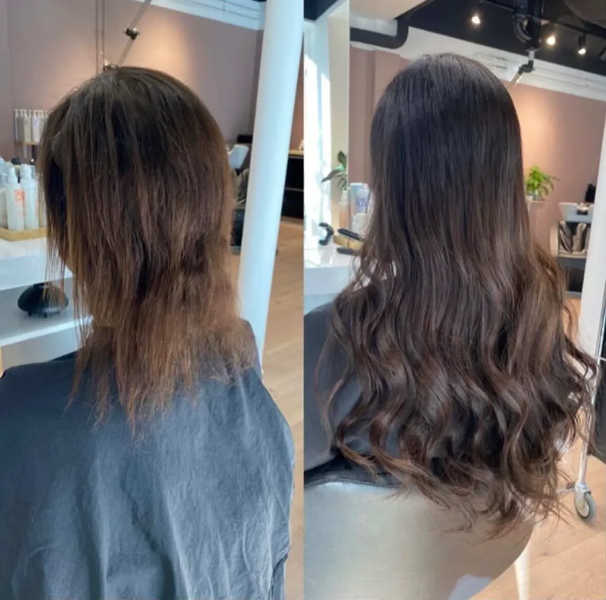 Før og efter billeder af en persons hår, som er blevet farvet og stylet med bølget hår, vist fra ryggen i en salon.