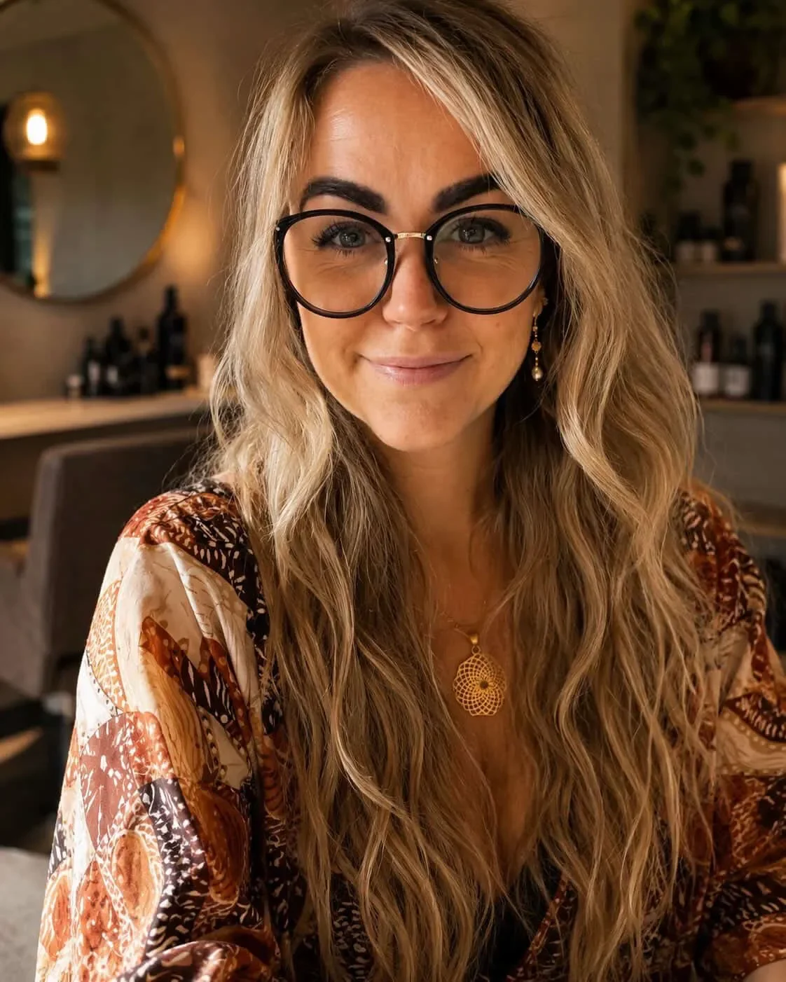 Kvindelig person med brunt hår, store sorte briller, smilende, i en indretning med spejl og hylder med produkter.