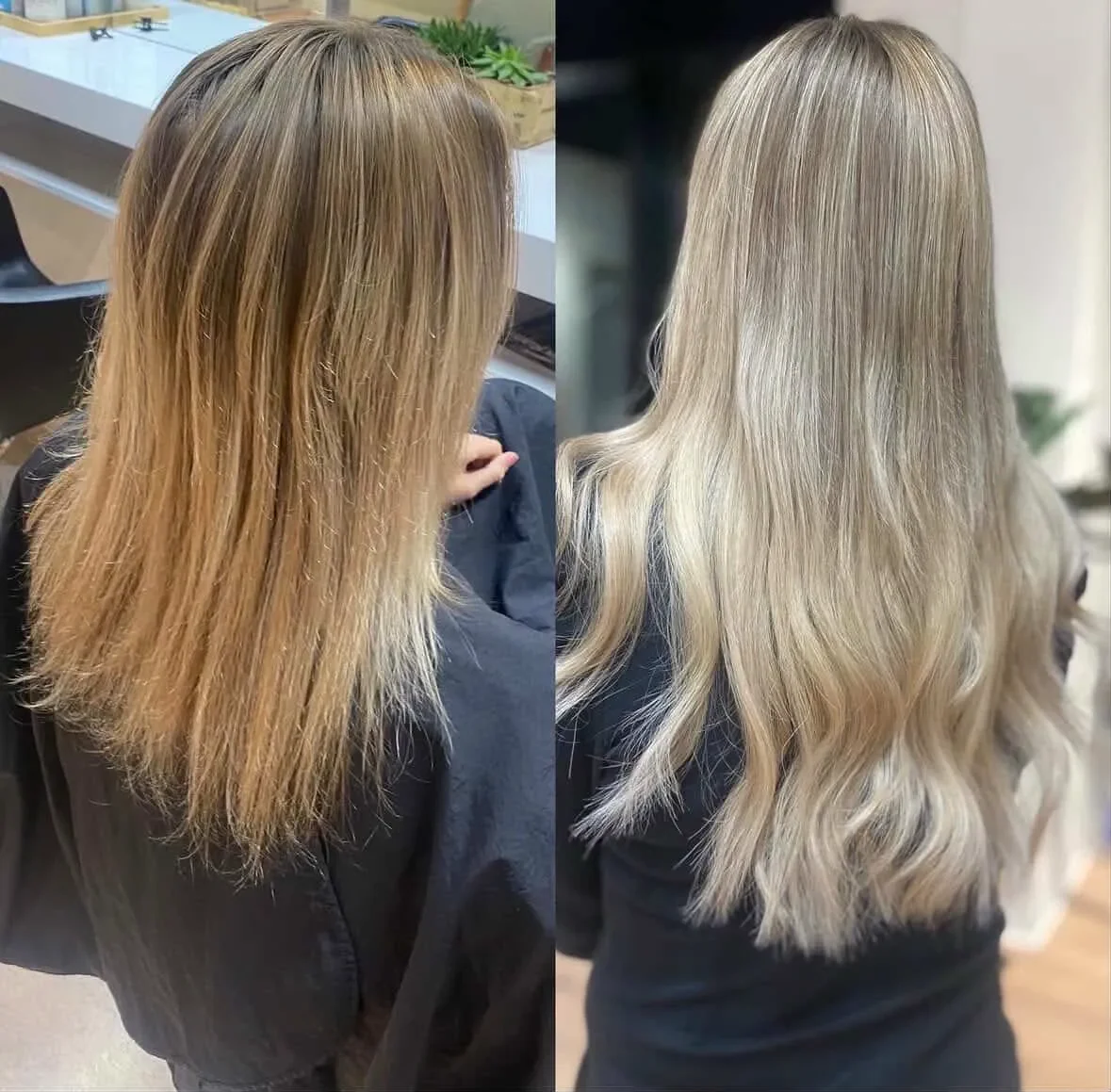 Før og efter foto af en person med blondt, nyrOglet hår, hvor håret er blevet farvet og stylet med bløde bølger.