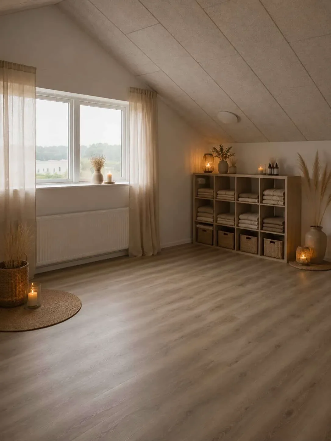 Et hyggeligt og roligt rum med et vindue, beige gardiner, et reolsystem med håndklæder, krukke med planter, lys og stearinlys, samt et rundet tæppe med en kurv og stearinlys.