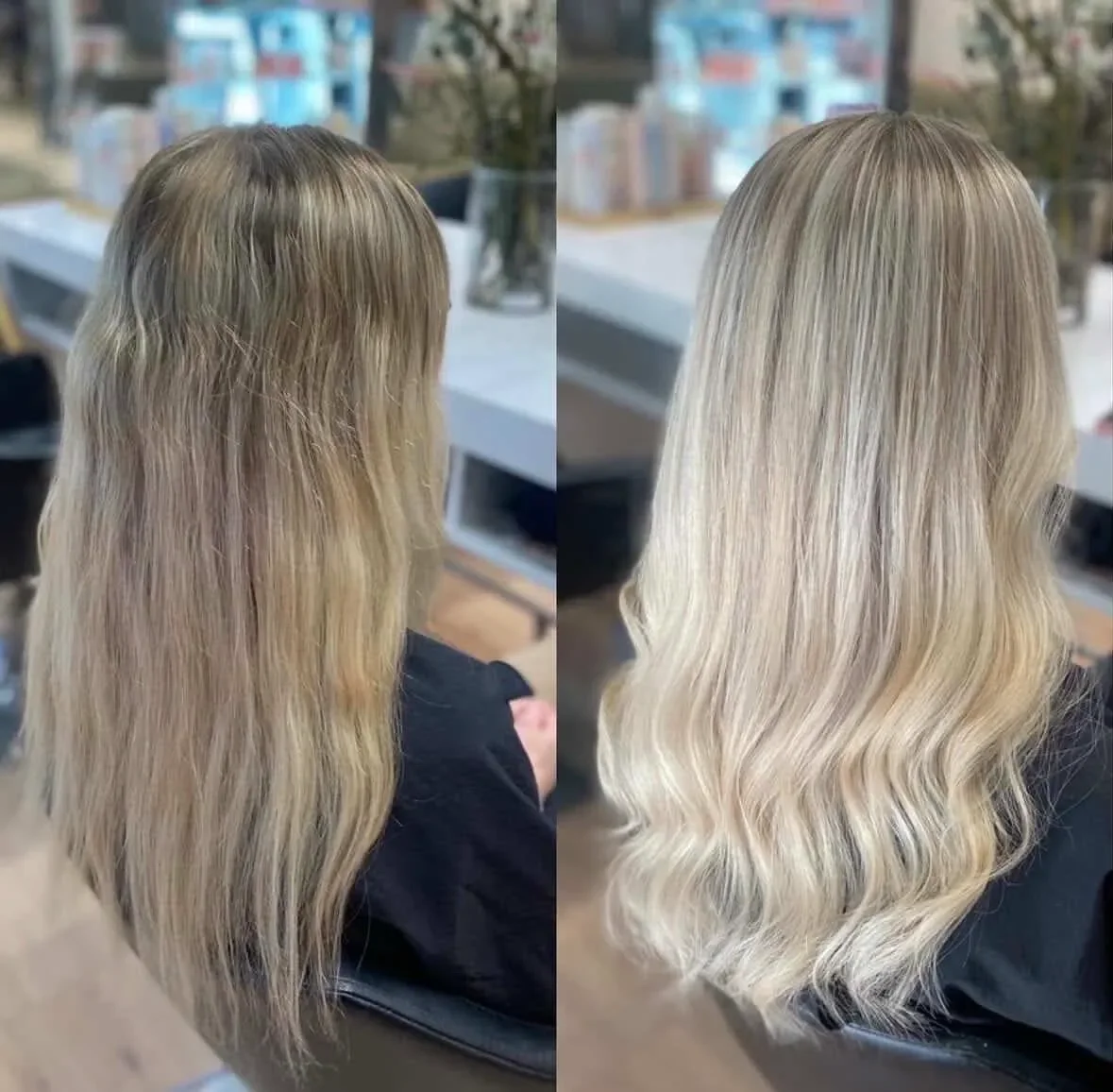 Billedet viser en før- og efterbillede af en persons blonde hår, hvor håret er blevet farvet og stylet med bløde bølger.