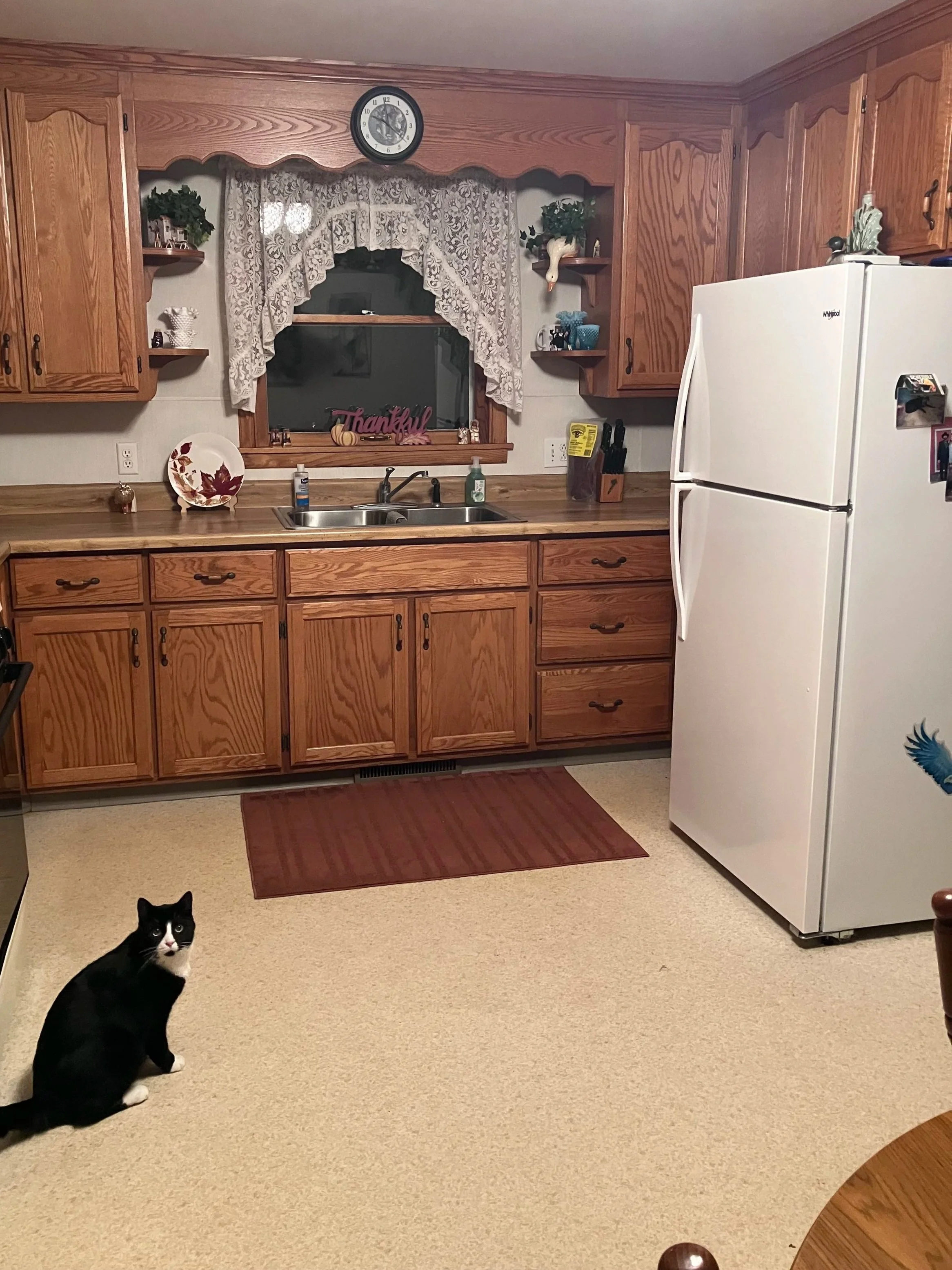 Kitchen floor with white Linoleum, before installation of Luxury Vinyl Plank (LVP)