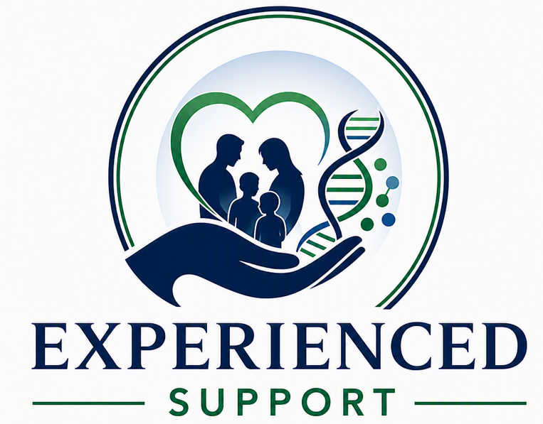 Logo with a heart shape, silhouettes of a family inside a large hand, DNA strand, and the words "Experienced Support" underneath.