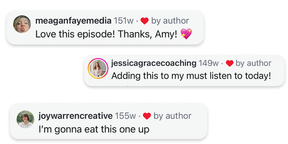 Social media comments from three different users expressing their thoughts about an episode or content, including love, excitement, and plans to eat a particular food.