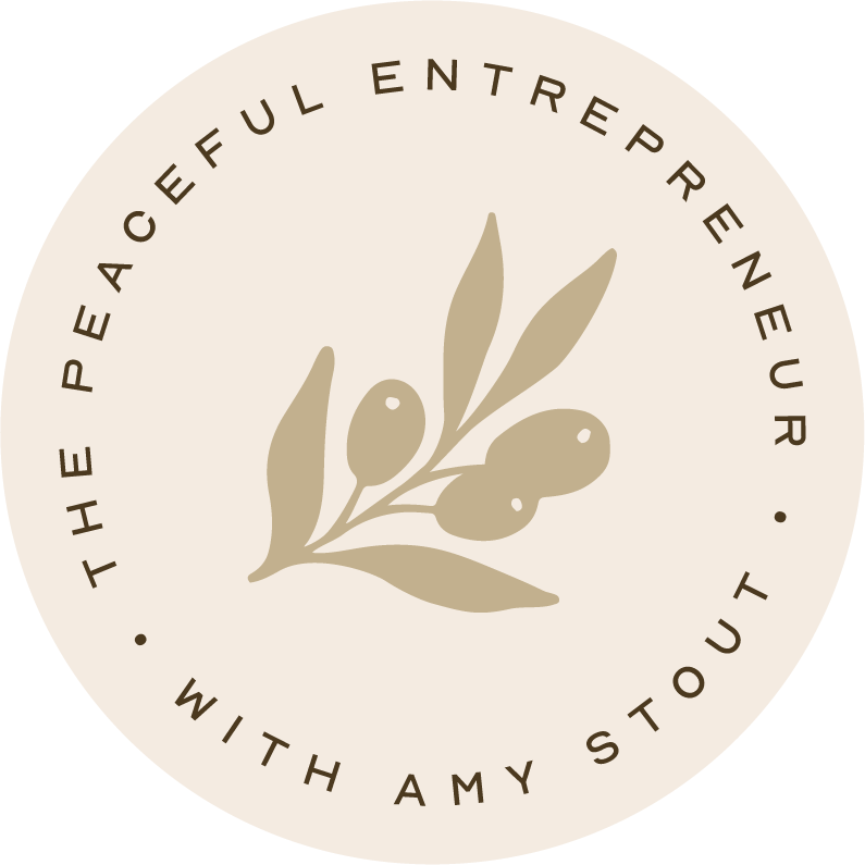 A circular logo with beige background and brown text that reads "The Peaceful Entrepreneur with Amy Stout." In the center, there is a beige olive branch with three olives.